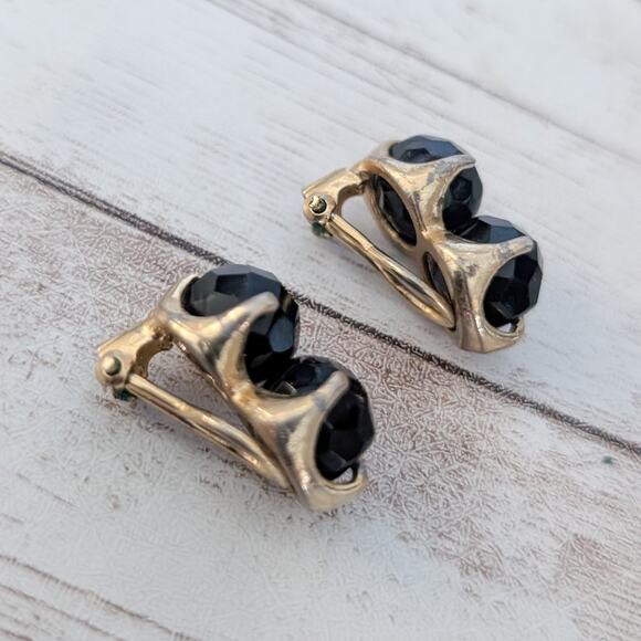 Vintage Clip On Earrings Facets Black Ball Duo 7/8" - Picture 6 of 8